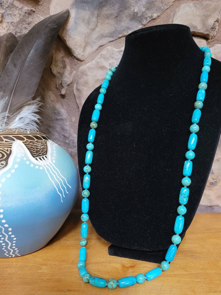 Long Turquoise Necklace by Navajo artist Mary W Roanhorse for wholesale by Horse Spirit Studio