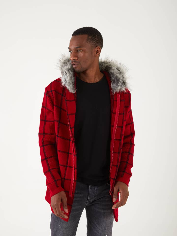 Men's Red Plaid Long Sweaters | Fur Hoodie for wholesale by Suslo Couture