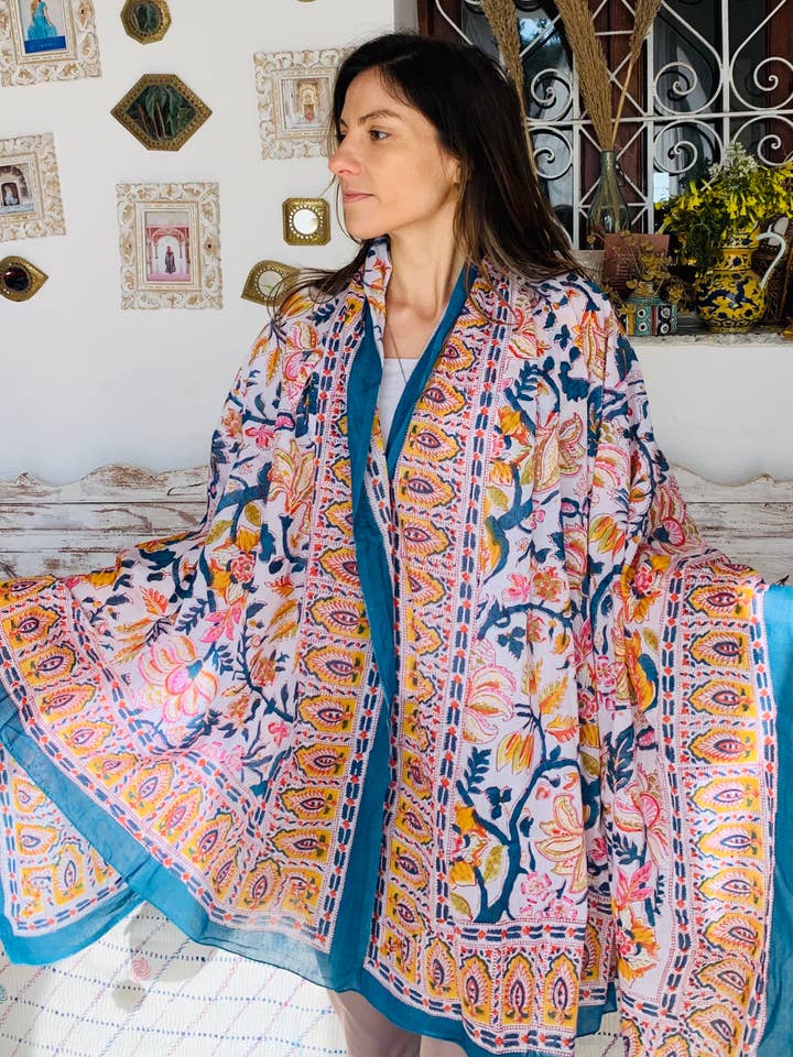 Pareo - Pareo - scialle in cotone con stampa a blocchi nuova collezione per la vendita all'ingrosso da parte di Aurobelle Ibiza