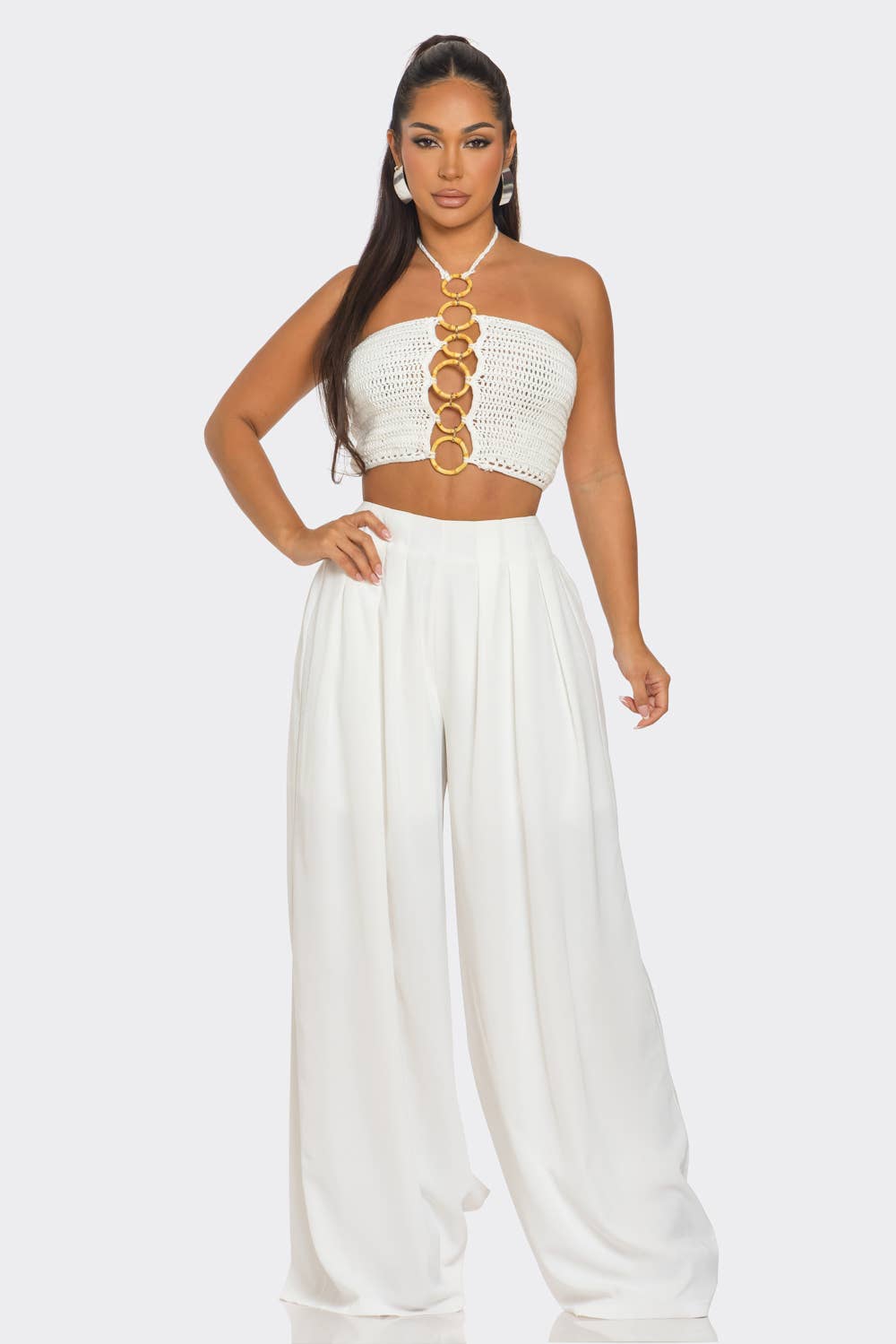 BANJUL – Engroshandel Top- og buksesæt (IKKE Loungewear) - Dame – HCCTPW63350P2&2Pc Halterneck Top Printede Bukser med Vide Ben1