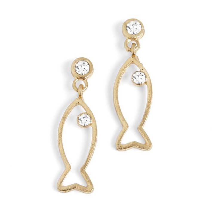 Clear Stone Fish Dangle Earrings - Gold for wholesale by Whispers