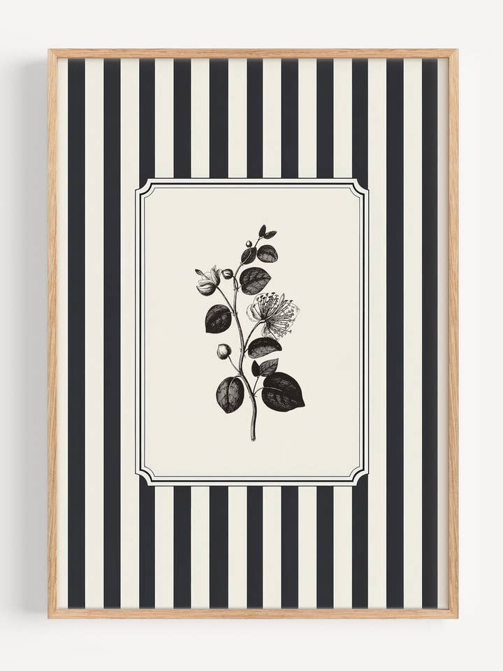 Black & White Stripe Botanical Wall Art Print | Vintage Flower Illustration I183-2 for wholesale by Peardrop Prints