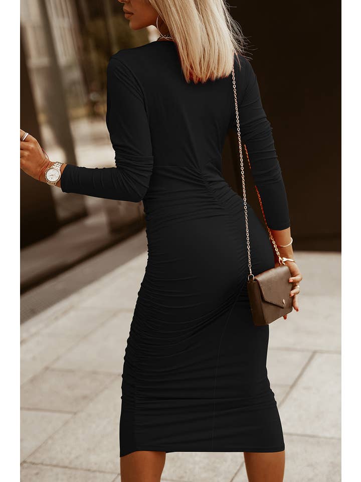 Black Solid Ruched Wrap V-Neck Midi Dress for wholesale on Faire1