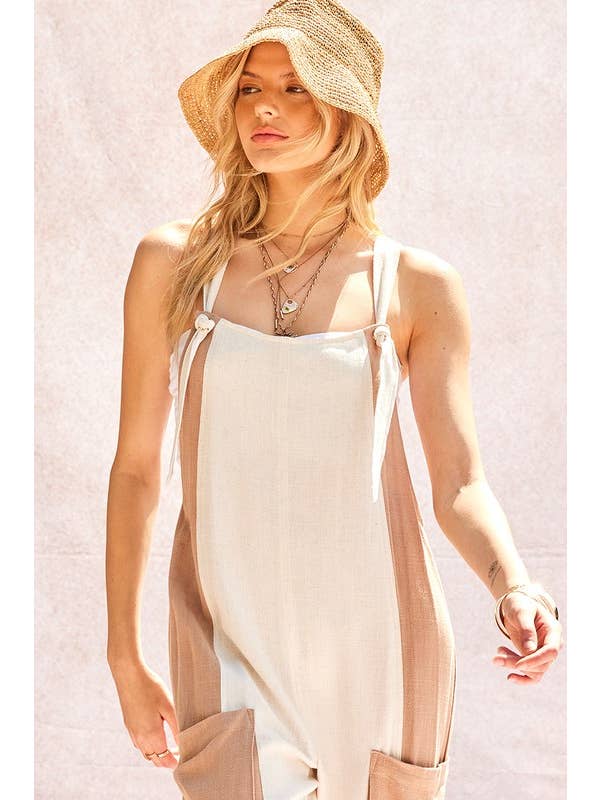 Natural Latte Linen Contrast Side Overall Jumpsuit for wholesale on Faire3