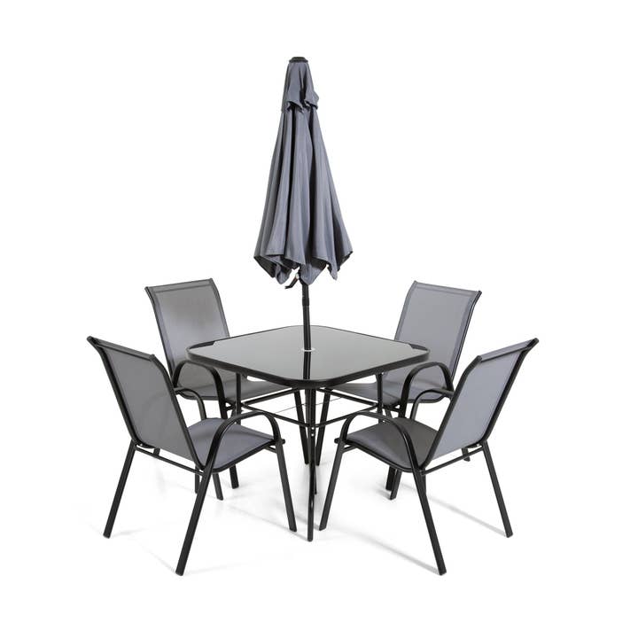 The Lancaster - Black & Grey Metal 4 Seat Garden Dining Set including Parasol for wholesale by Outdoor Living (NW) Ltd