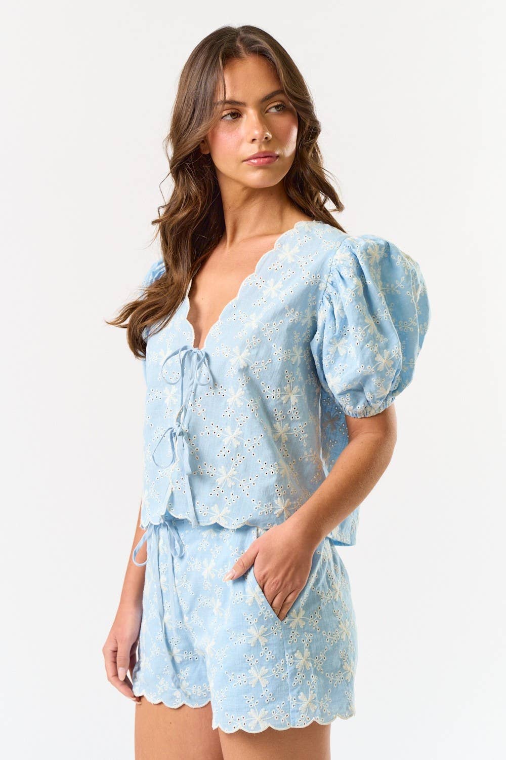Blue Blush - Wholesale Top & Short Set (NOT Loungewear) - Women's - IBS32189 Linen Eyelet Tie Front Top with Matching Shorts3