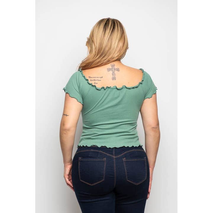 Curve Market - Wholesale Blouse - Women's - PLUS SIZE RUCHED LETTUCE EDGE OFF SHOULDER TOP