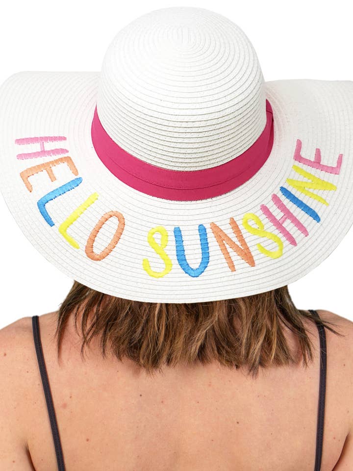 Embroidered Sun Hat - Hello Sunshine (White/Rainbow) for wholesale by Funky Junque
