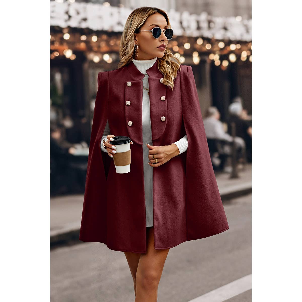 Supreme Fashion - Wholesale Coat - Women's - Solid Cloak Sleeve Double Breasted Cape Coat8