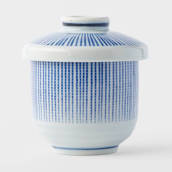 Chawan Mushi blue and white stripe lidded jar 150ml for wholesale by Made In Japan Tableware