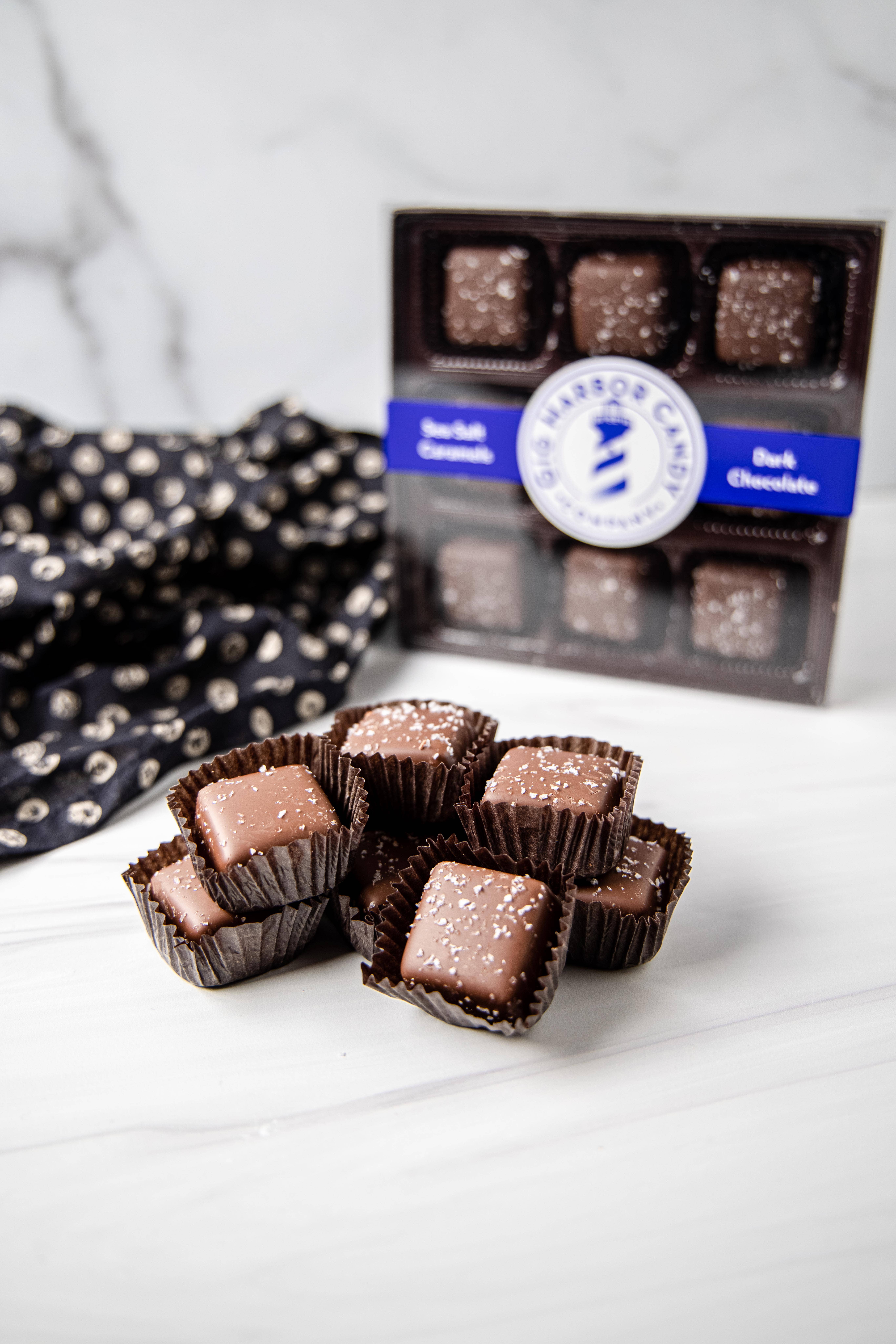 Gig Harbor Candy Company – Großhandel Süßigkeiten mit Schokoglasur – Zartbitterschokolade Meersalz-Karamellen - 9 Stück5