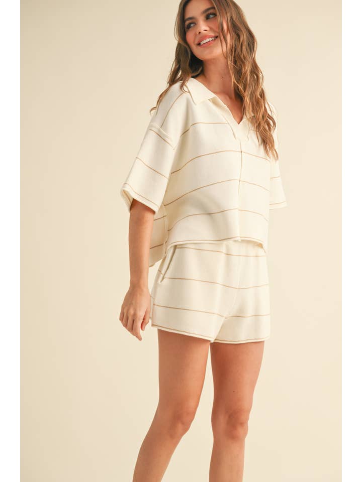 MIOU MUSE - Wholesale Knit Top - Women's - T3375ST STRIPED PATTERN KNITTED COLLAR TOP