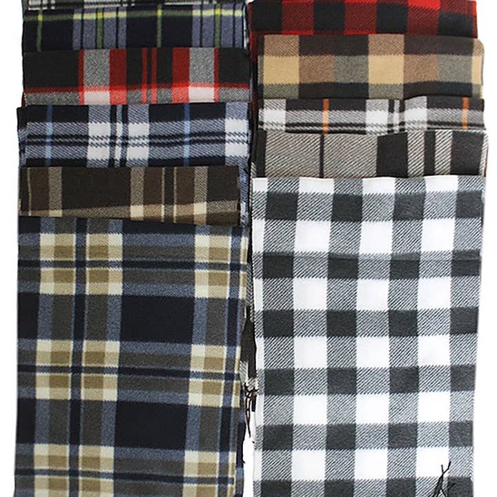 Cap Zone - Wholesale Scarf - Women's - Plaid Soft Fleece Fringe Trim Oblong Wrap Scarf