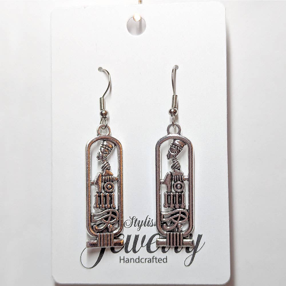 Stylish Jewelry Supply - Wholesale Dangle Earrings - Antique Silver Egyptian Queen Nefertiti Hieroglyphics Earrings0