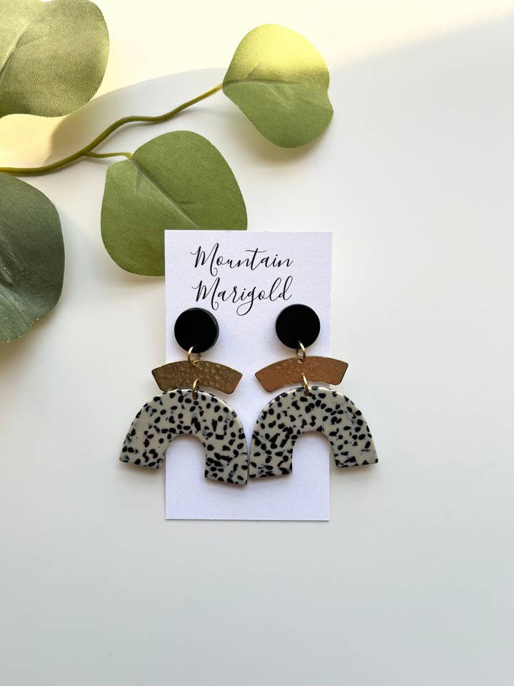 Dalmatian Arch Earrings, Polka Dot Acrylic Earrings for wholesale by Mountain Marigold Jewelry