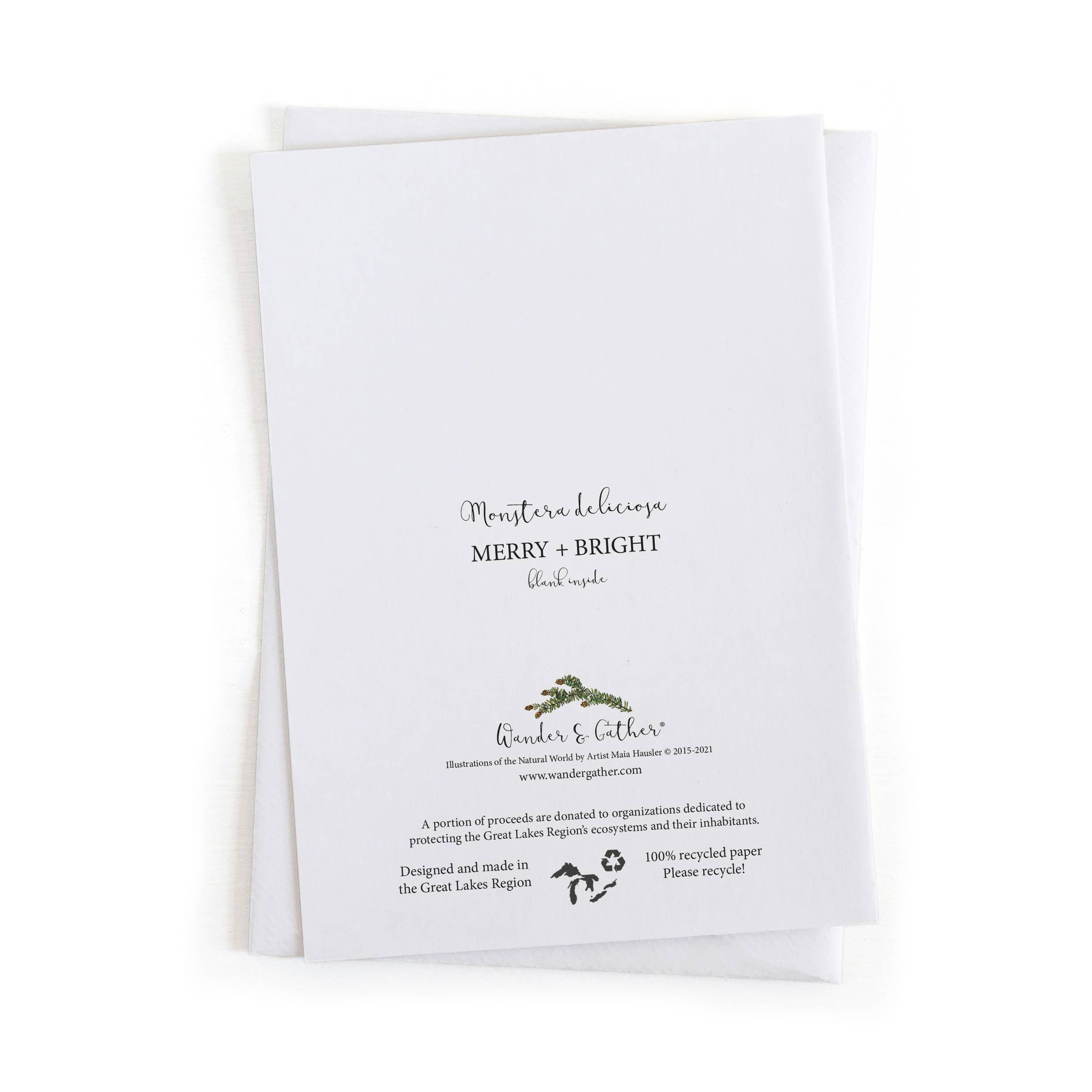 Wander & Gather - Wholesale Christmas Card - "Merry and Bright" Christmas Monstera Plant Holiday Card 5x71