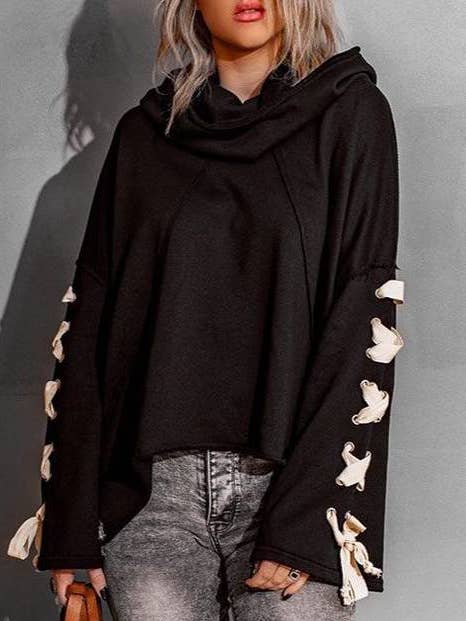 Rosa Clothing - Wholesale Hoodie - Women's - Strappy Hooded Raw-Edged Sweatshirt