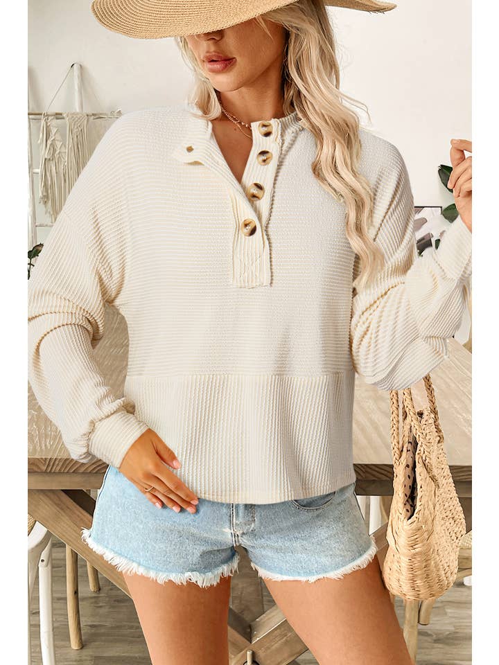 Apricot Corded Texture Lantern Sleeve Buttons Henley Sweatshirt for wholesale on Faire