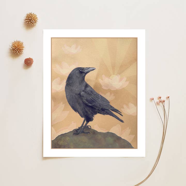 Amy Rose Moore Illustration - Wholesale Art Print - Crow and Lotus Flowers - 8x10 Archival Fine Art Print