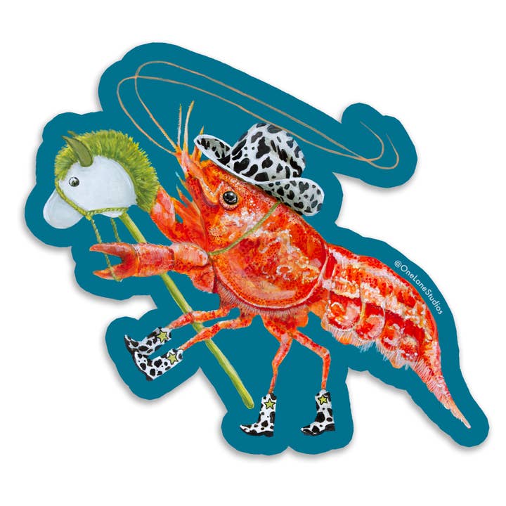 Leroy (The Cowboy Cherry Shrimp) Vinyl Sticker for wholesale by One Lane Studios