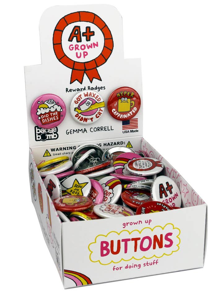 A Plus Grown Up Box of Badges for wholesale by Incognito