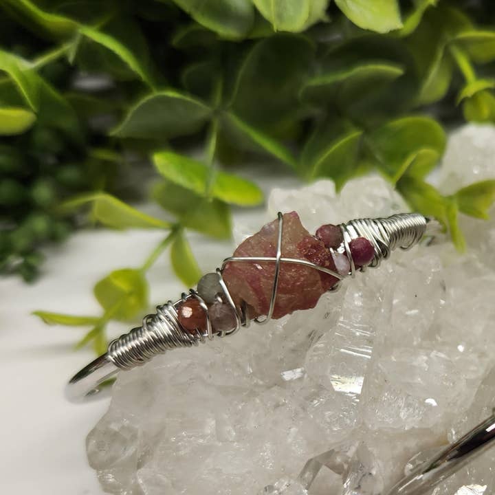 Meraki Gemstones - Wholesale Cuff Bracelet - Pink Tourmaline/Pk. Tourm.Rough Gemstone Wire Wrapped Bangle