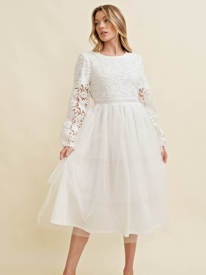 White CD15047J - LACE LONG SLEEVE TULLE MIDI DRESS for wholesale on Faire