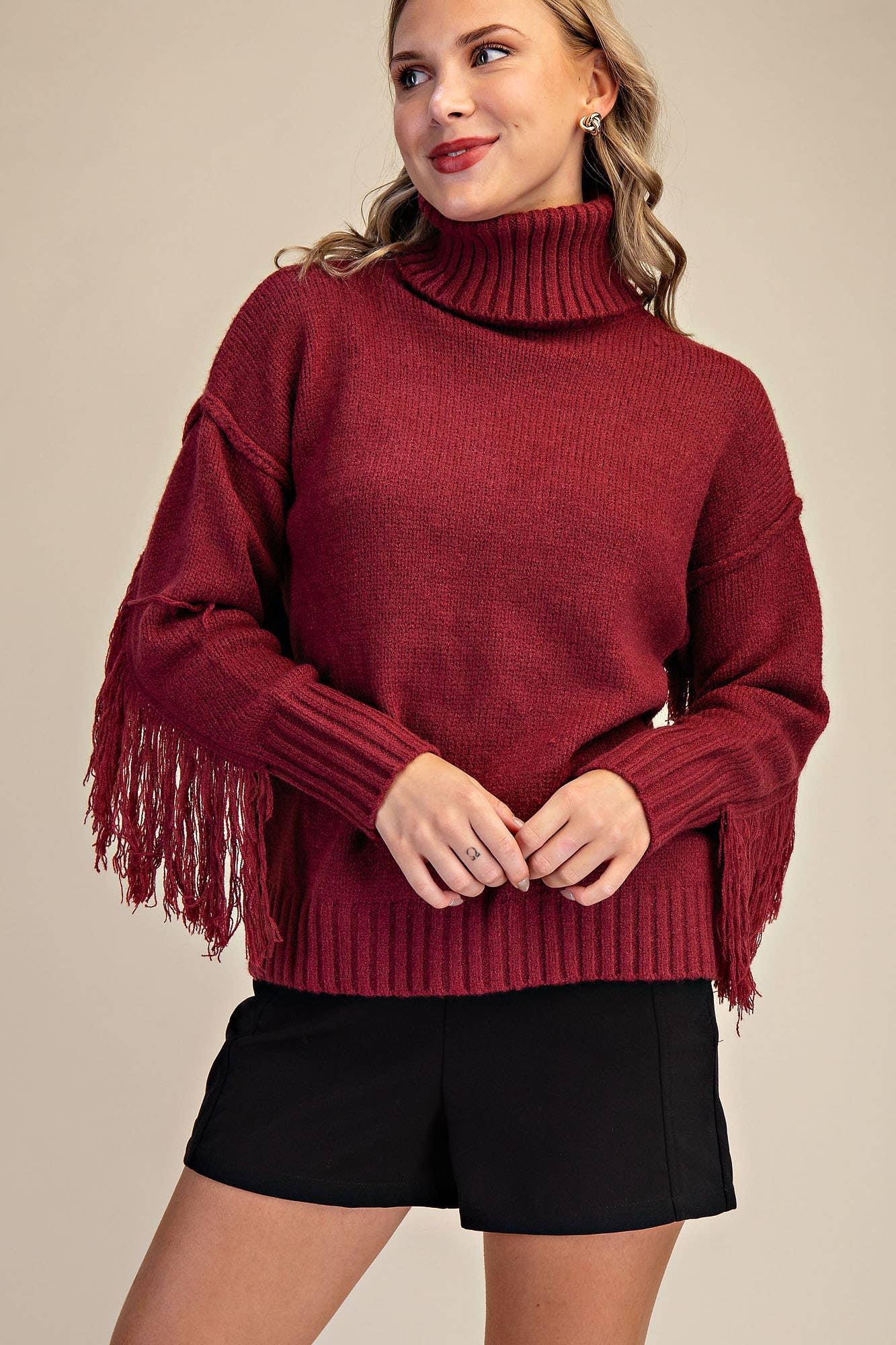 Glam - Wholesale Knit Sweater - Women's - Turtleneck Long-Sleeve Sweater With Fringe Detail2