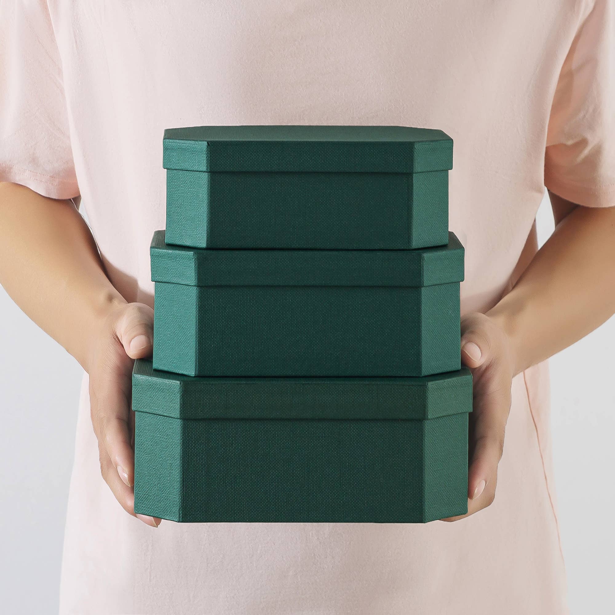 Soul & Lane - Wholesale Decorative Box - Set of 3 Forest Green Octagon Textured Decorative Boxes6