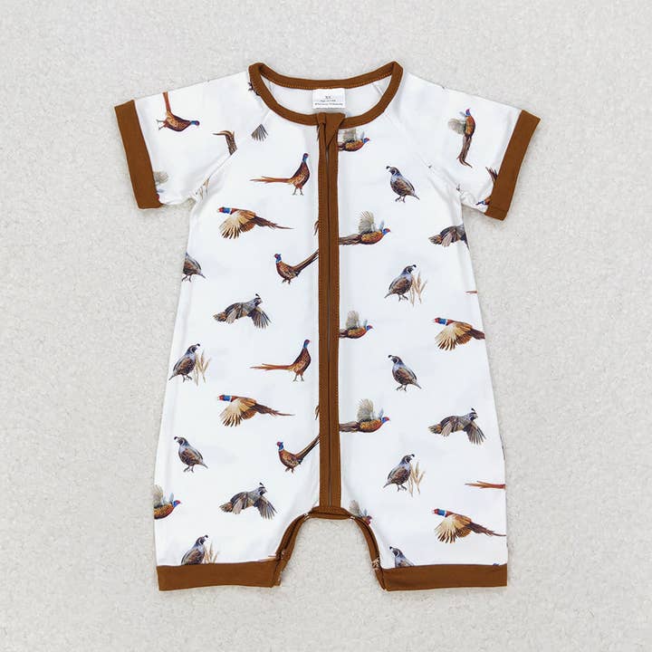 Baby Boys White Wild Chicken Short Sleeve Zip Rompers for wholesale by Aier Wholesale