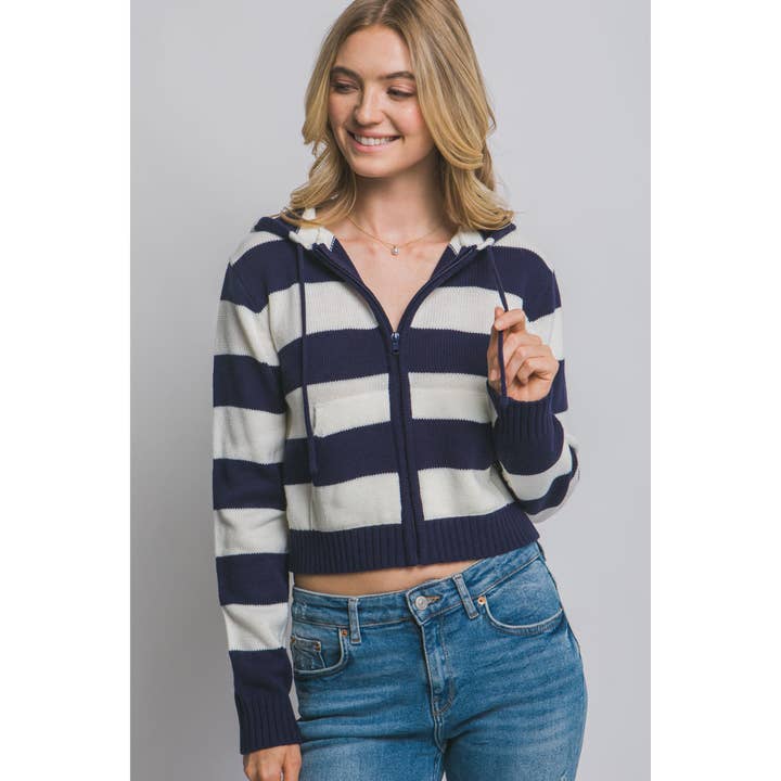 Striped Knit Zip Up Hoodie Sweater for wholesale by Timeless