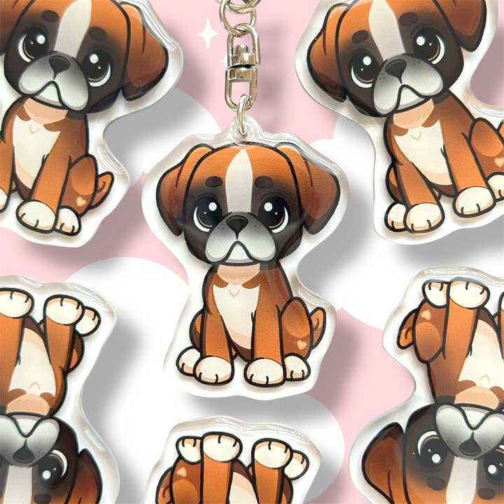 Fawn Boxer Acryl-Hundeschlüsselanhänger mit Epoxidharz | Einfacher Clip, niedlicher Hundecartoon, handgezeichnetes Design, Geschenk für Hundeliebhaber für den Großhandel von Milly Made Designs