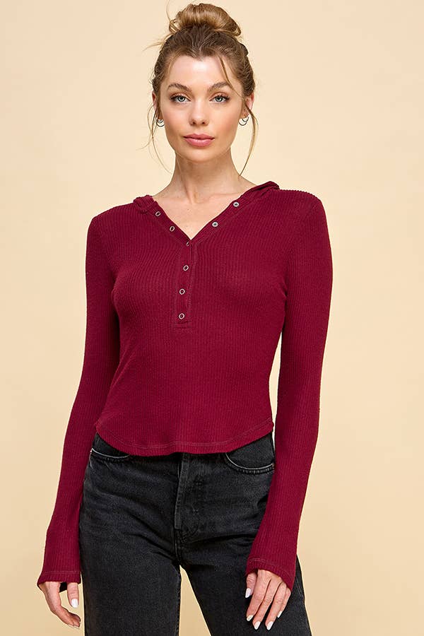 Heart & Hips - Wholesale Hoodie - Women's - RH51821L - DEEP HENLEY SNAP BUTTON HOODIE BRUSHED HACCI RIB 8