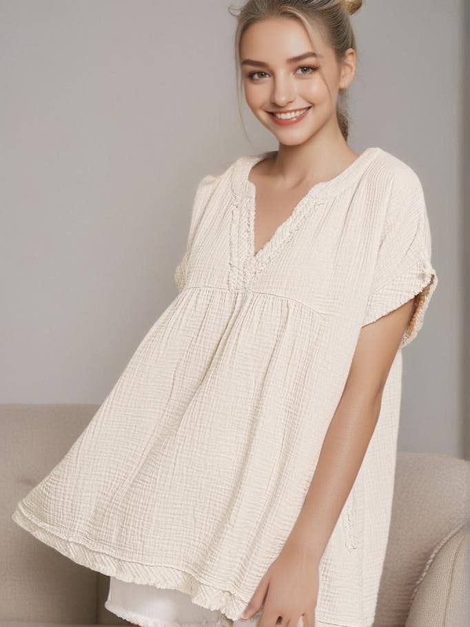 42POPS - Wholesale Tunic - Women's - .Raw Edge Short Sleeve V Neck Shirt