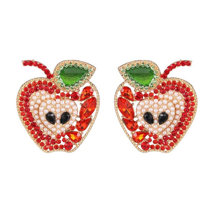 Brincos de declaração de strass de maçã vermelha proibida por atacado de MizDragonfly
