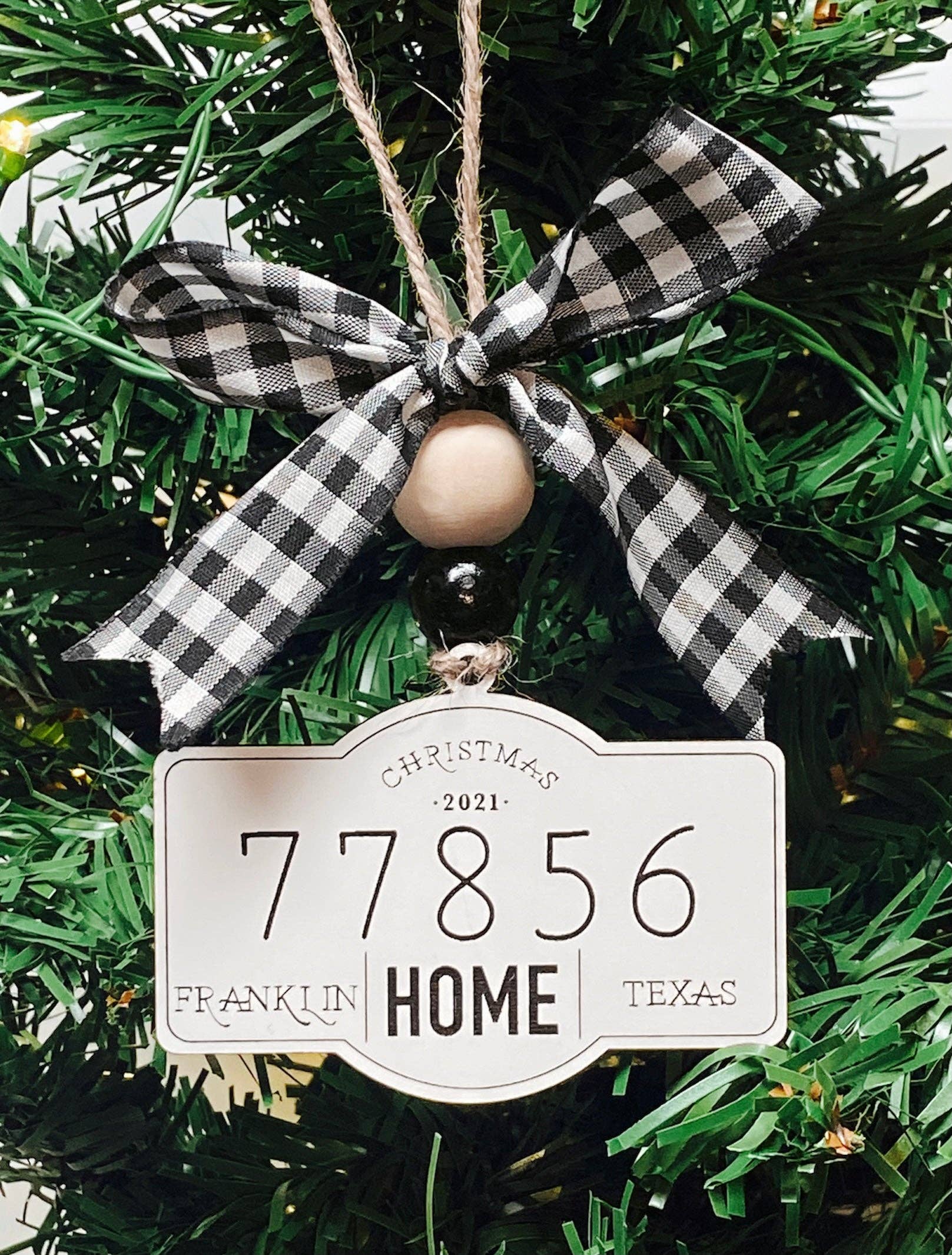 Birchwood Laser & Design - Wholesale Ornament - Zip Code Ornament - White w/plaid bow1