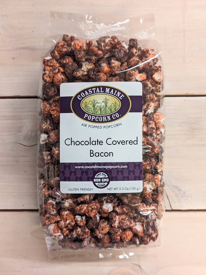 Chocolate Covered Bacon Popcorn (Chocolate) for wholesale by Coastal Maine Popcorn Co.