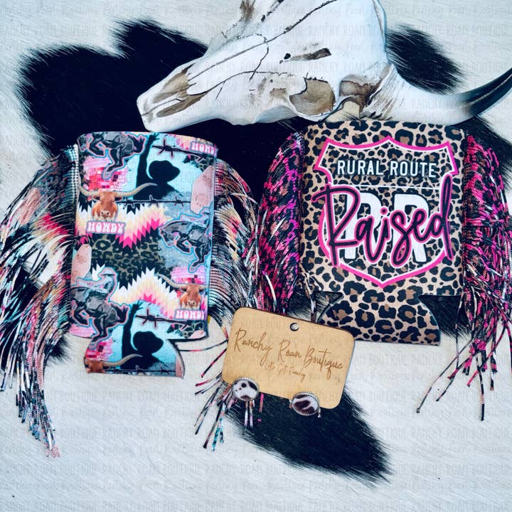 Ranchy Roan Boutique - Wholesale Drink Huggers & Koozies - Groovy Cowgirl Fringe Western Koozie