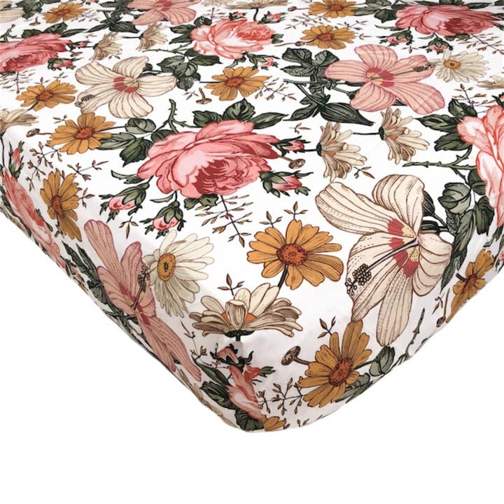 Fitted Woven Baby Crib Sheet (24x38x5") Mini - Garden Floral for wholesale by Mini Wander, LLC