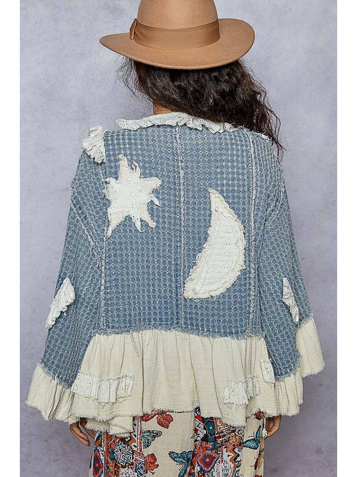 Pol Clothing - Wholesale Denim Jacket - Women's - 3/4 sleeve double gauze ruffle star denim woven jacket11