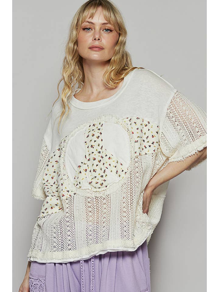 Pol Clothing - Wholesale Knit Top - Women's - Oversize round neck crochet print peace mark top SALE
