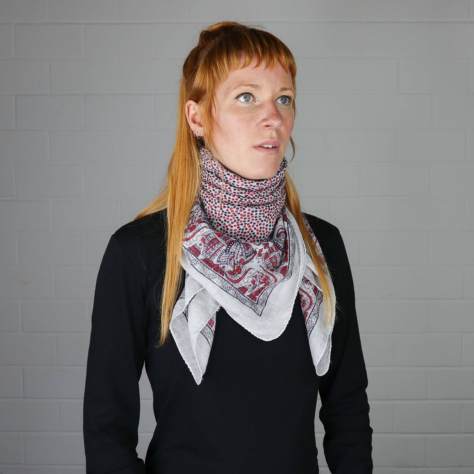 Tribal Trade GmbH – wholesale Halsduk - Unisex – Bomullsduk elefant vit röd-svart fyrkantig duk6