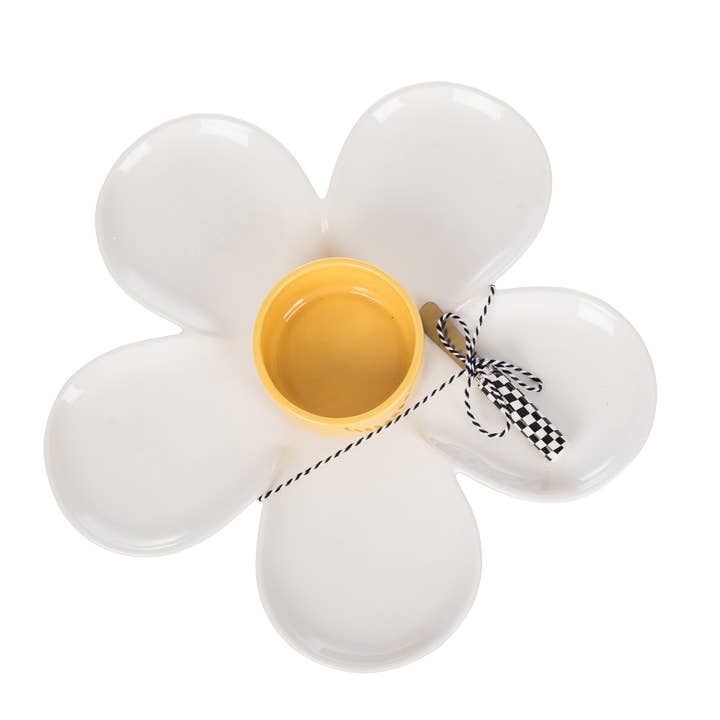 White Daisy Platter & Bowl w/ Spreader S/3 for wholesale on Faire