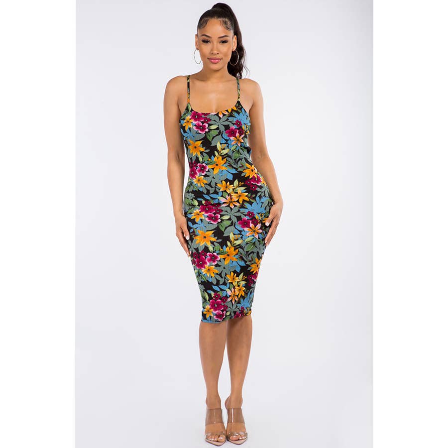 BLACK MULTI D12615 Floral Tie Back Midi Dress for wholesale on Faire4