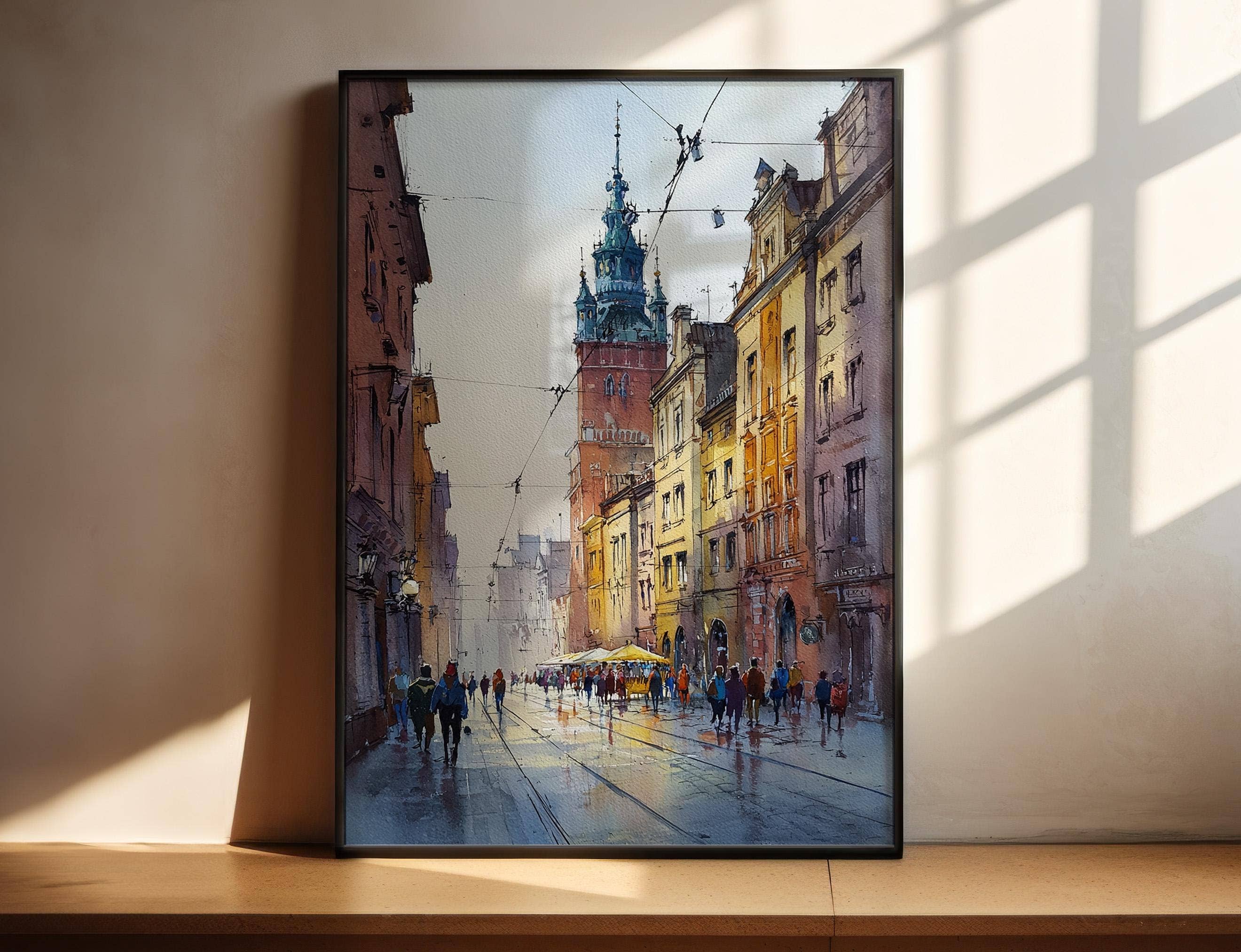 Premium Travel Art - Vendita all'ingrosso Stampa artistica - Arte ad acquerello di Cracovia Polonia Stampa di viaggio di Cracovia Opera d'arte di Cracovia Decorazione skyline di Cracovia Arte da parete Polonia0