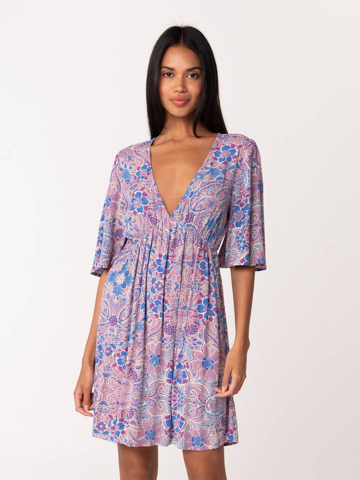 Dusty Rose Blue Lurex Floral Empire Waist Half Sleeve Mini Dress for wholesale on Faire