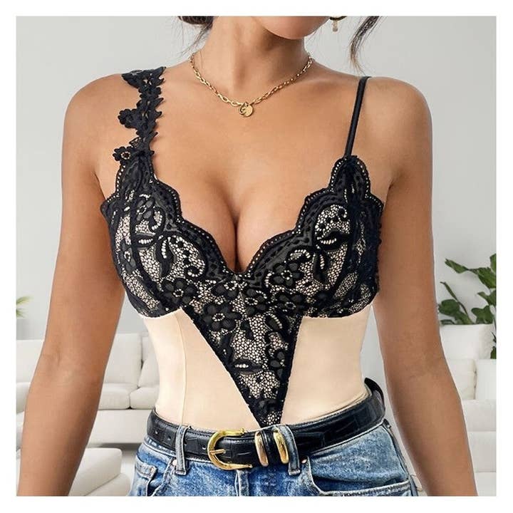 Abrikos Stilfuld blonde splice dyb v-hals uregelmæssig slyngedragt for engroshandel på Faire1