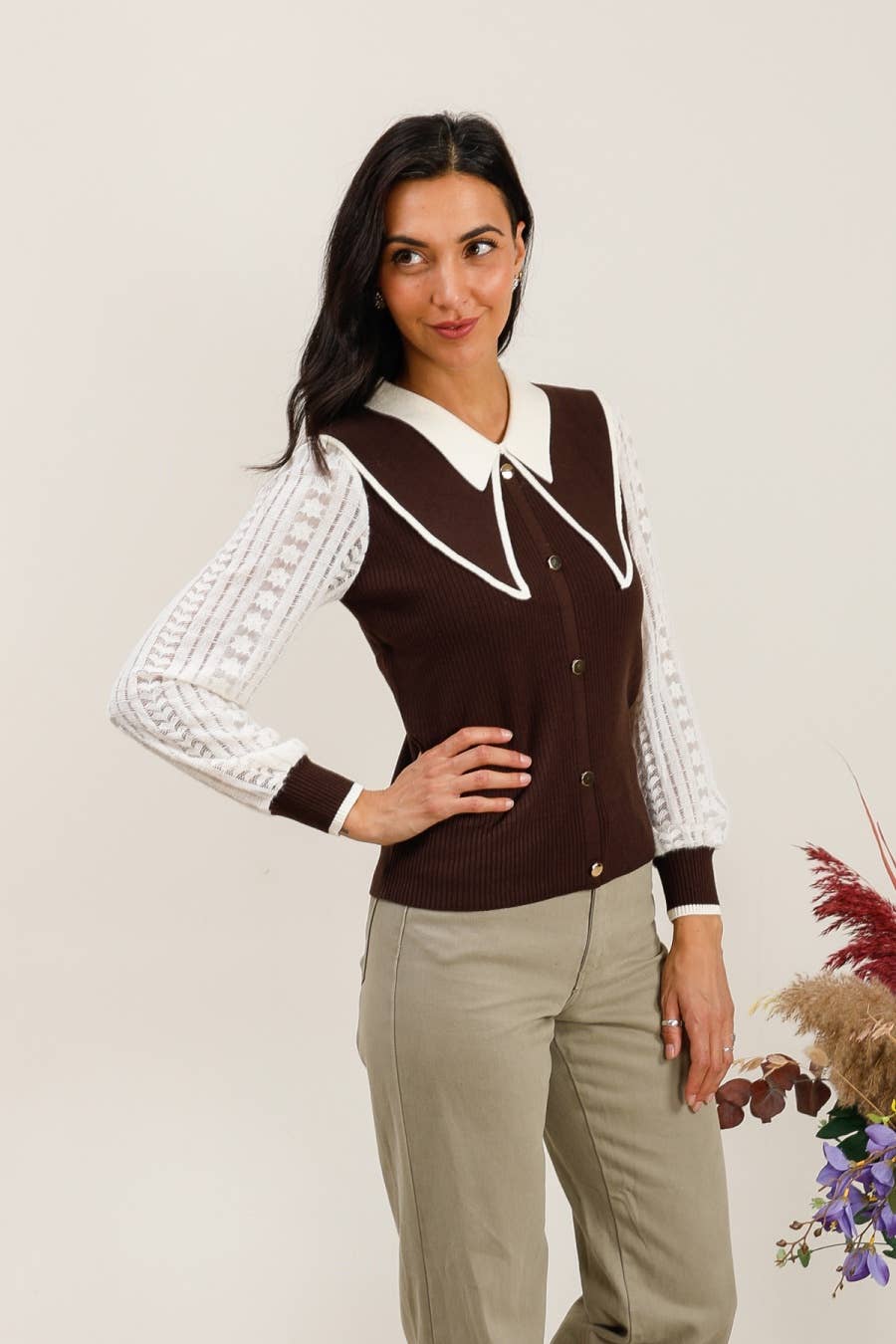 DIX-ONZE - Vendita all'ingrosso Cardigan - Donna - Cardigan con Colletto Claudine a Contrasto e Maniche in Pizzo0