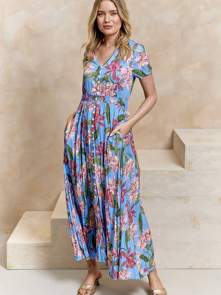 ANGELEYE - Wholesale Dress - Women's - Ruched Waist Maxi Dress in Blue Floral Print