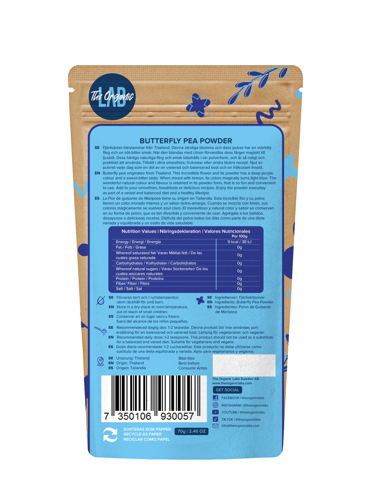 THE ORGANIC LAB - Wholesale Protein/Superfood Powder - Butterfly Pea - 70g  (1 CASE 10 PIECES )1